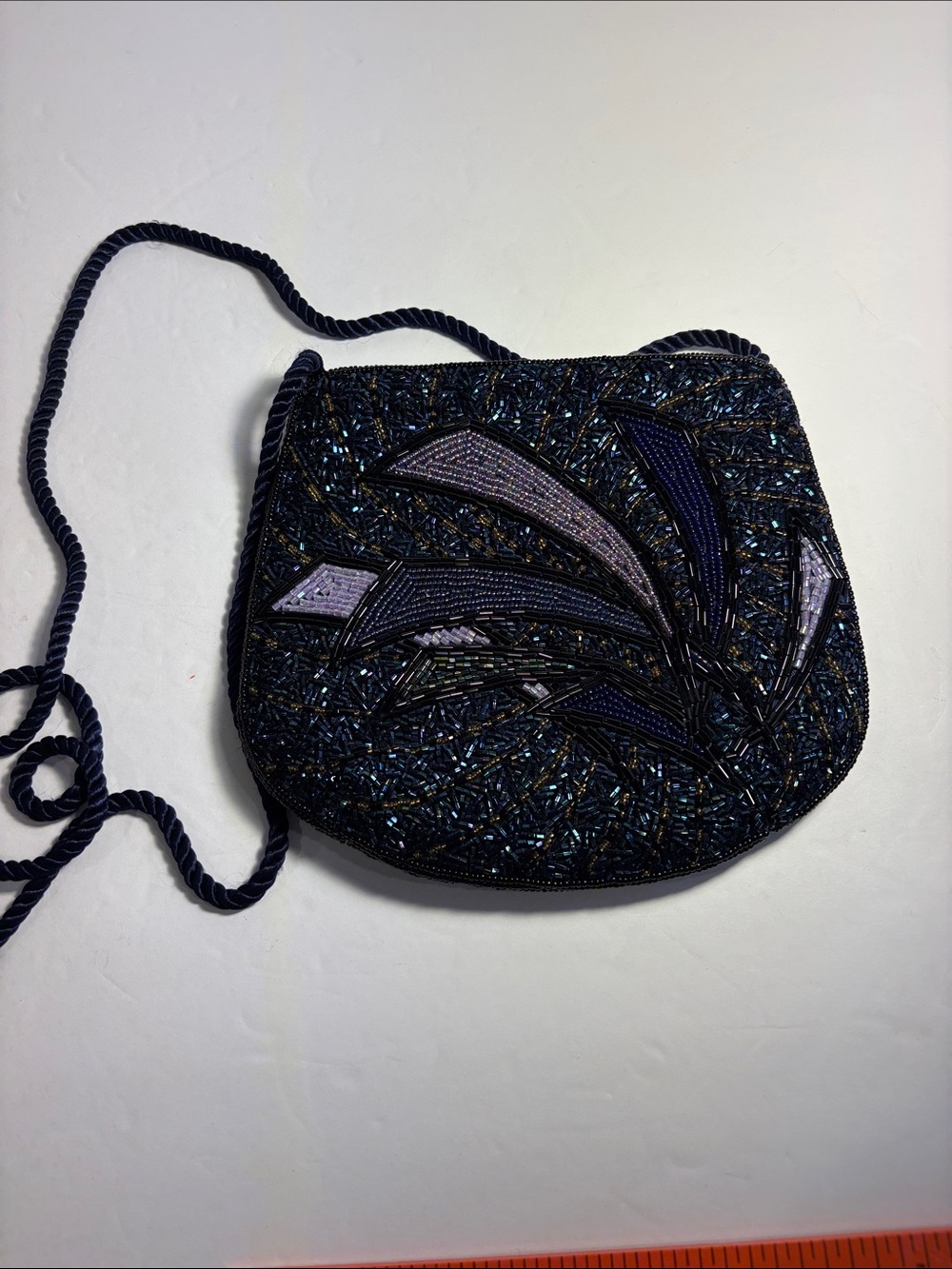 Vintage 1980s Art Deco Style Beaded Evening Purse Blue & Iridescent Cocktail Bag